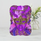 Feather Lila Gold Masquerade Party laden Einladung (Stehend Vorderseite)