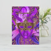 Feather Lila & Gold Masquerade Party laden Einladung (Stehend Vorderseite)