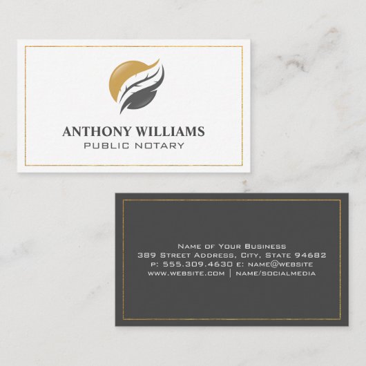 Feather Logo | Gold Border Frame Business Card Visitenkarte (Vorne/Hinten)