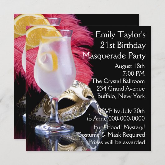 Feather Mask 21. Geburtstag Party Einladung (Vorne/Hinten)