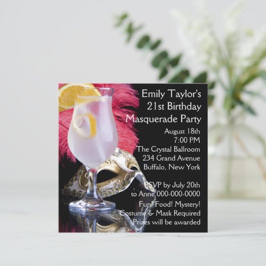 Feather Mask 21. Geburtstag Party Einladung (Stehend Vorderseite)