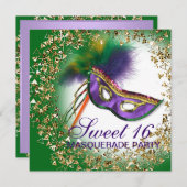 Feather Mask Lila Sweet 16 Masquerade Party Einladung (Vorne/Hinten)