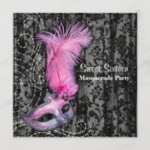 Feather Mask Pink Black Sweet 16 Masquerade Party Einladung
