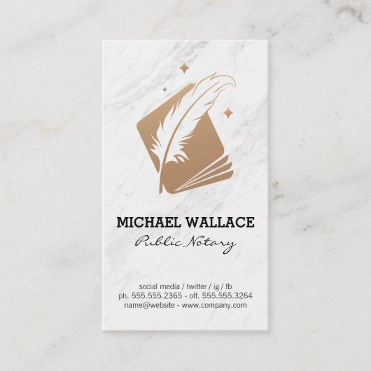 Feather Pen und Booklet | Marble Business Card Visitenkarte (Vorderseite)