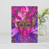 Feather Pink & Gold Masquerade Party laden Einladung (Stehend Vorderseite)