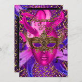 Feather Pink & Gold Masquerade Party laden Einladung (Vorne/Hinten)