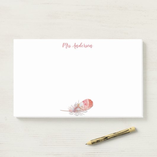 Feather-Rose mit rosa weißem Namen Post-it Klebezettel (Auf Schreibtisch)