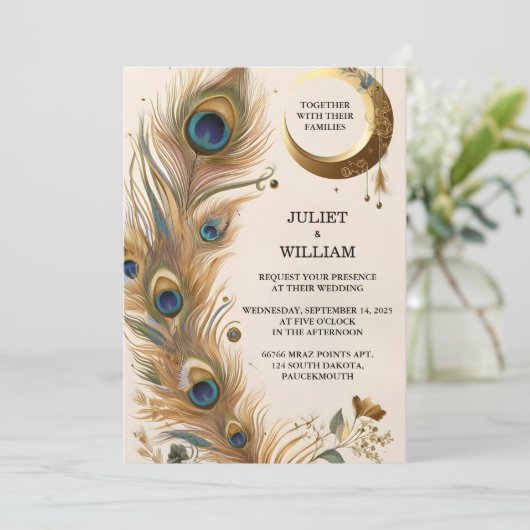 Feather Rustic Asian Sky Cloud Peacock Wedding Einladung (Stehend Vorderseite)