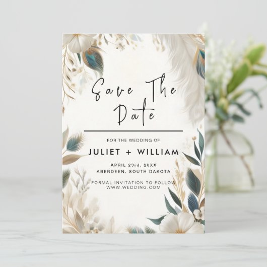 Feather Rustic Asian Sky Cloud Peacock Wedding Save The Date (Stehend Vorderseite)