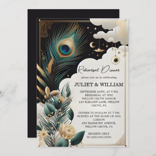 Feather Rustic Sky Cloud Peacock Probe Dinner Einladung (Vorne/Hinten)