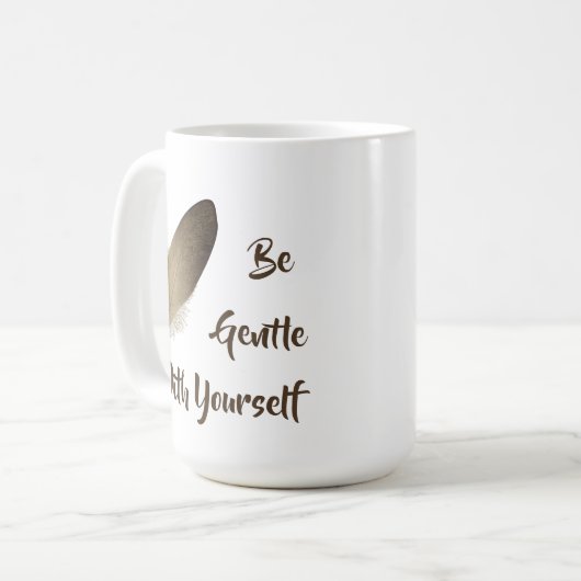Feather "Sei sanft mit dir selbst" Kaffeetasse (Vorderseite Links)