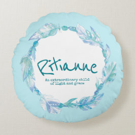 Feather wassercolor name bedeutet Ritianne aqua Rundes Kissen