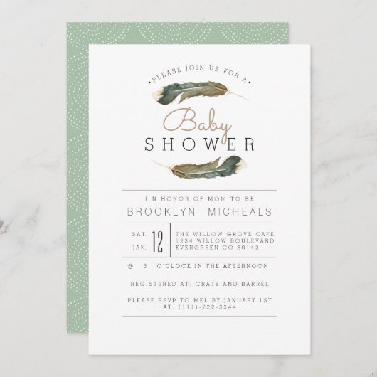 Feather Watercolor Babydusche Einladung (Vorne/Hinten)