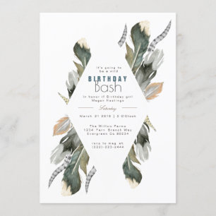 Feather Watercolor Boho Birthday Invite Einladung