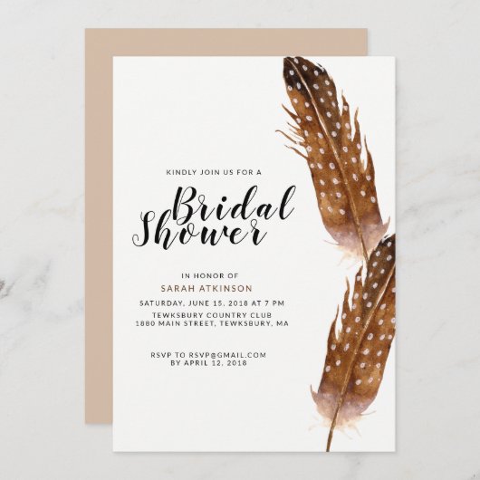 Feather Watercolor Bridal Dusche Einladung (Vorne/Hinten)