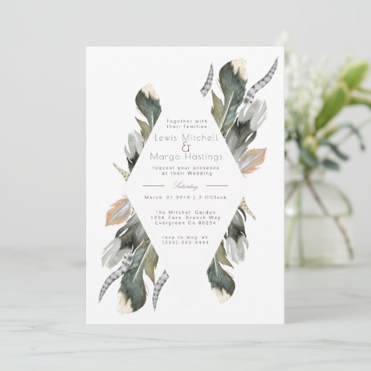 Feather Watercolor Diamond Overlay | Hochzeit Einladung (Stehend Vorderseite)
