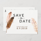 Feather Watercolor Save the Date Postcard Ankündigungspostkarte (Vorne/Hinten)