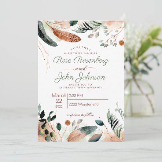 Feather Wedding Einladung (Stehend Vorderseite)