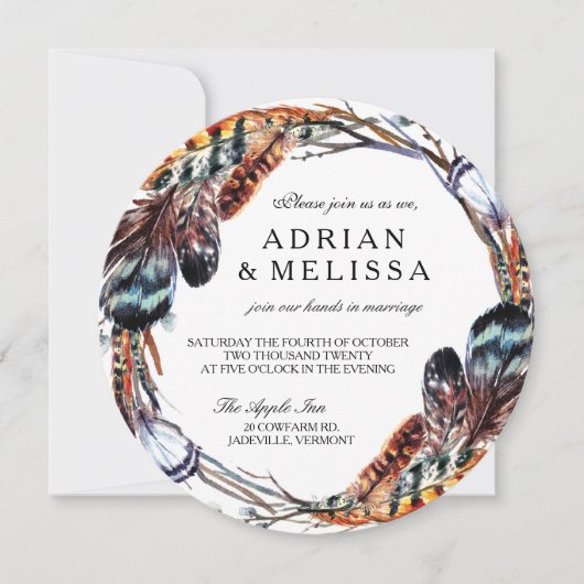 Feather Wedding Invitation 5.25 x 5.25 Circle Einladung (Vorderseite)