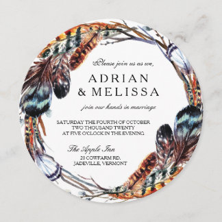Feather Wedding Invitation 5.25 x 5.25 Circle Einladung