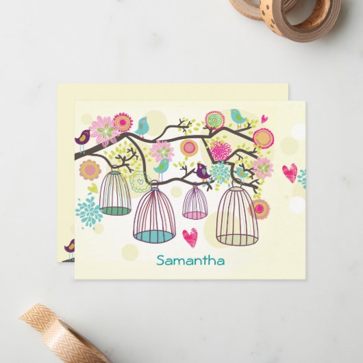 Feathered Friends Spring Flat Notecard Mitteilungskarte (Vorderseite/Rückseite Beispiel)