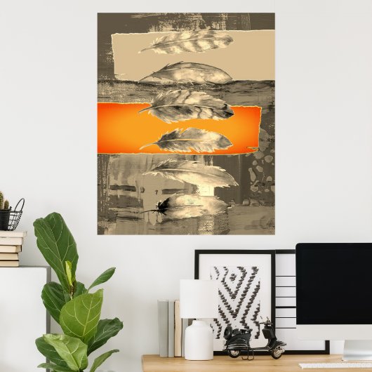 Feathers Abstract Modern Brown Orange Poster Print (Heimbüro)