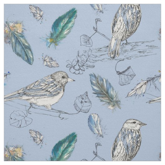 Feathers Birds Blätter Zeichnend Nature Blue Stoff (Muster)