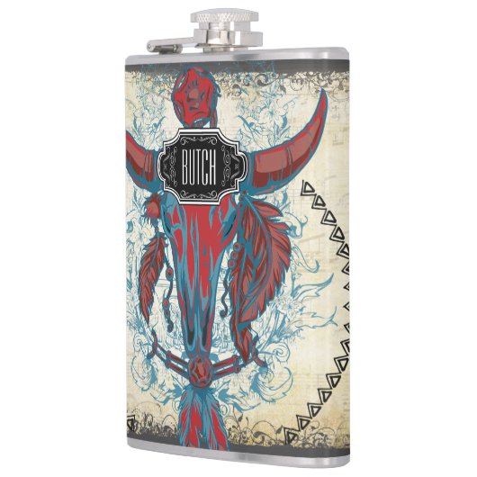 Feathers Black Blue Cow Skull Floral Tribal Flachmann (Links)