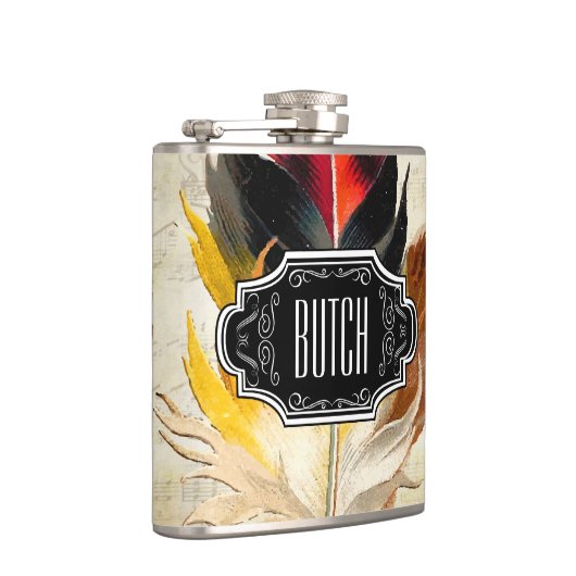 Feathers Black Yellow Hipster Pattern Flachmann (Rechts)