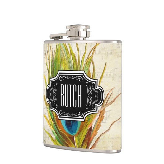 Feathers Black Yellow Hipster Pattern Flachmann (Links)