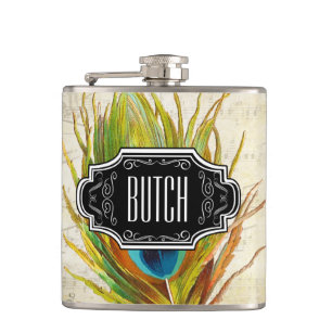 Feathers Black Yellow Hipster Pattern Flachmann