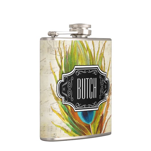 Feathers Black Yellow Hipster Pattern Flachmann (Rechts)