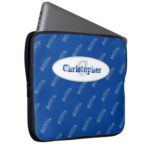 Feathers Blue White Modern Monogram Name Template Laptopschutzhülle (Vorne Rechts)
