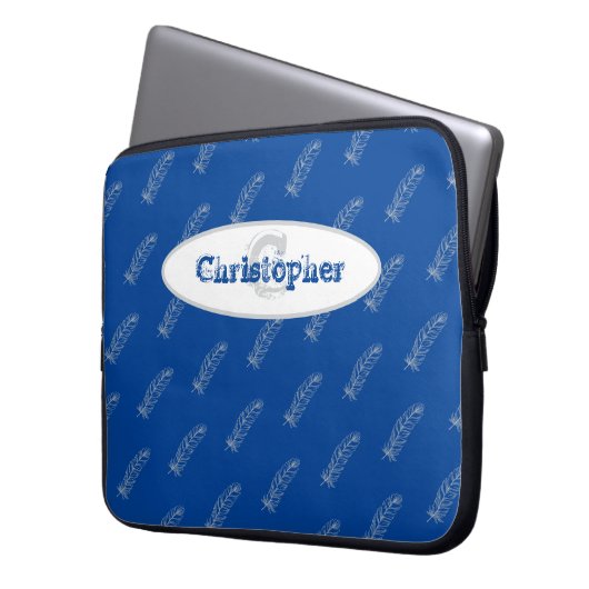 Feathers Blue White Modern Monogram Name Template Laptopschutzhülle (Vorderseite Links)