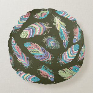 Feathers Boho Nahtlose Muster. Stammesvolkszurück Rundes Kissen
