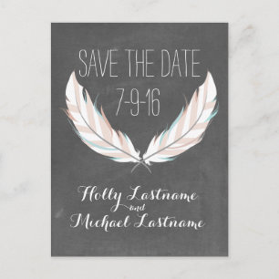Feathers + Chalkboard Wedding Save the Date Ankündigungspostkarte