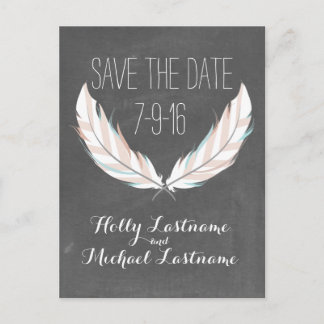 Feathers + Chalkboard Wedding Save the Date Ankündigungspostkarte