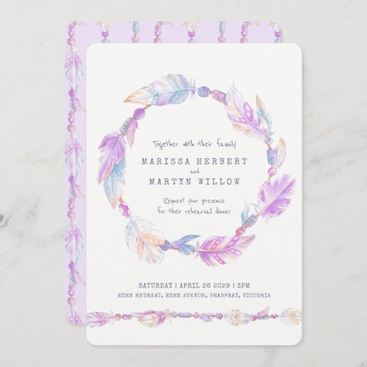 Feathers lila Aquarell Probe Dinner Einladung (Vorne/Hinten)