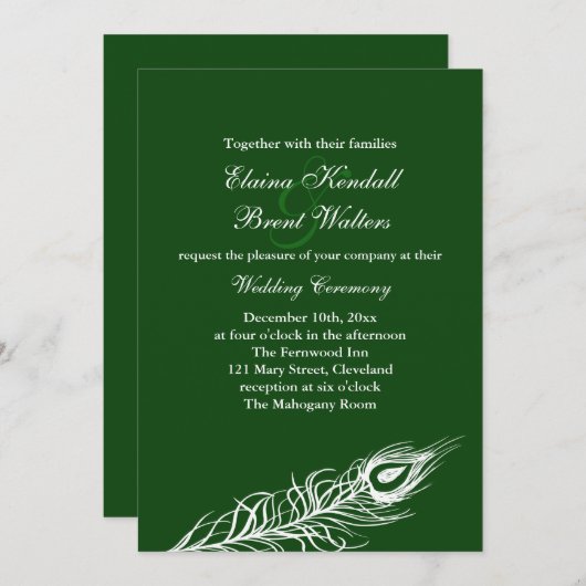 Feathers on Emerald Green Wedding Einladung (Vorne/Hinten)