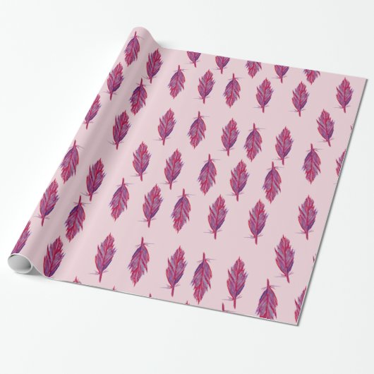 Feathers Watercolor Red Pink Wrapping Paper Geschenkpapier (Ungerollt)