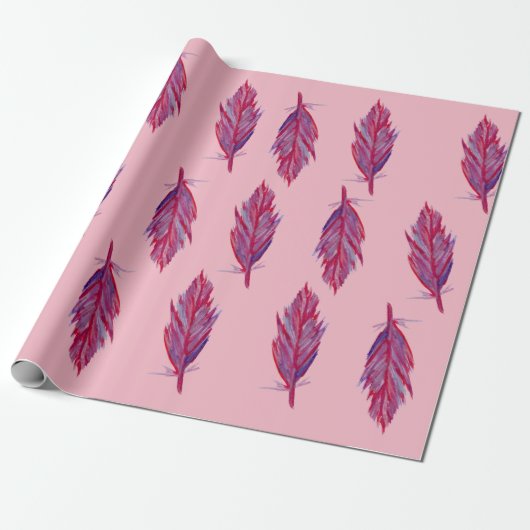 Feathers Watercolor Red Pink Wrapping Paper Geschenkpapier (Ungerollt)