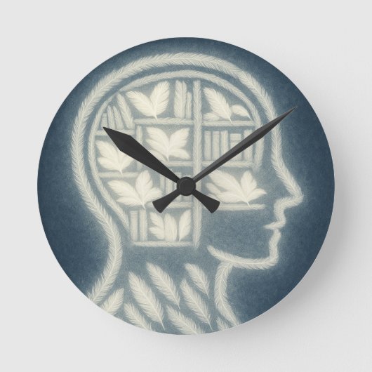 Feathery Head mit glänzenden weißen Büchern (Dark Runde Wanduhr (Vorderseite)