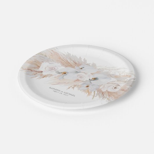 Feathery Pampas Grass and White Orchids Hochzeit Pappteller (Schrägansicht)