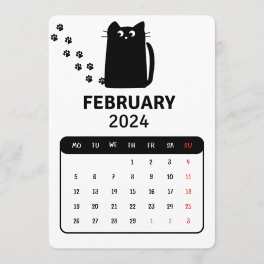 Februar 2024 Stand Alone Black Cat Calendar Menükarte (Vorderseite)