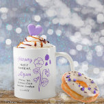 Februar Floral | Amethyst Birthday Keepake Kaffeetasse<br><div class="desc">Im Februar werden drei Blume Geburtstage für diesen Monat gefeiert: Violetten, Primaten und Reisen. Dieses Design zeichnet sich durch die Schönheit aller drei. Der Edelstein für Februar ist Amethyst. Dieses Design zeigt die Blume und Edelsteine zusammen mit dem Namen des Empfängers in einer Amethystfarbe. Wir haben ihn mit einem "glücklichen...</div>