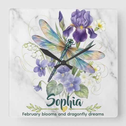 Februar-Geburtsblume Iris Veilchen Libelle Wanduhr (Vorderseite)
