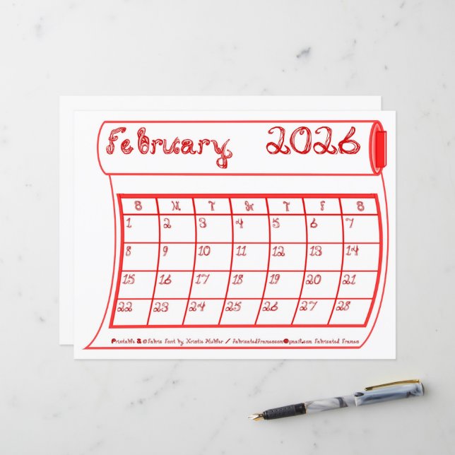 February 2026 Calendar Red Bolt Fabric Font Paper (Vorderseite/Rückseite Beispiel)