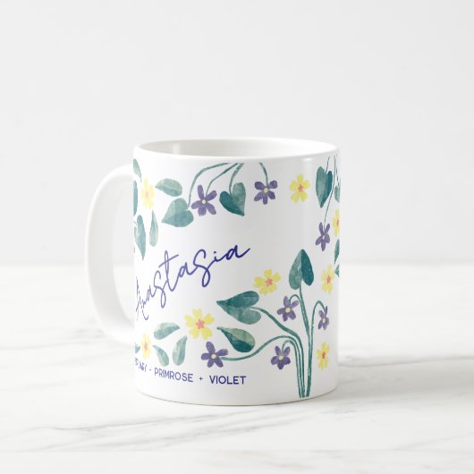 February Birth Flower Custom Name Primrose Violet Kaffeetasse (Vorderseite Links)