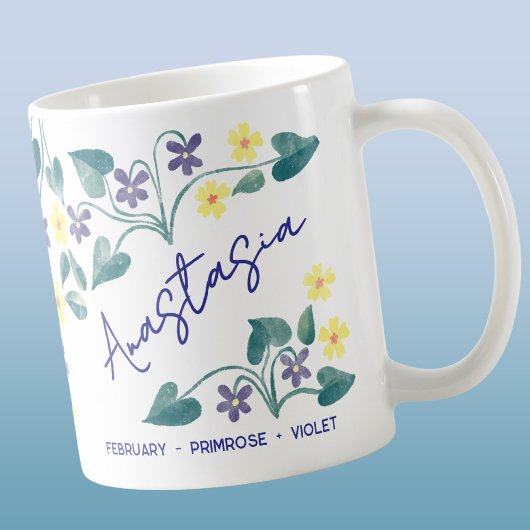 February Birth Flower Custom Name Primrose Violet Kaffeetasse