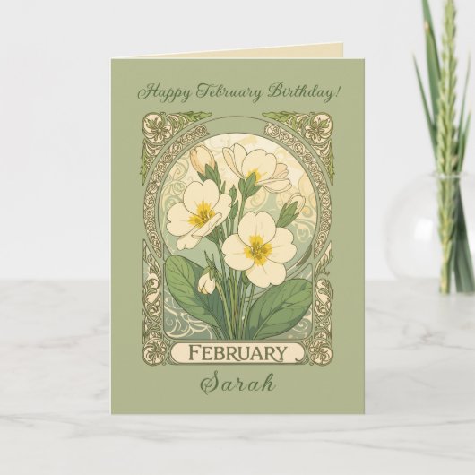February Birthday Primrose Flowers Art Nouveau Sty Karte (Vorderseite)